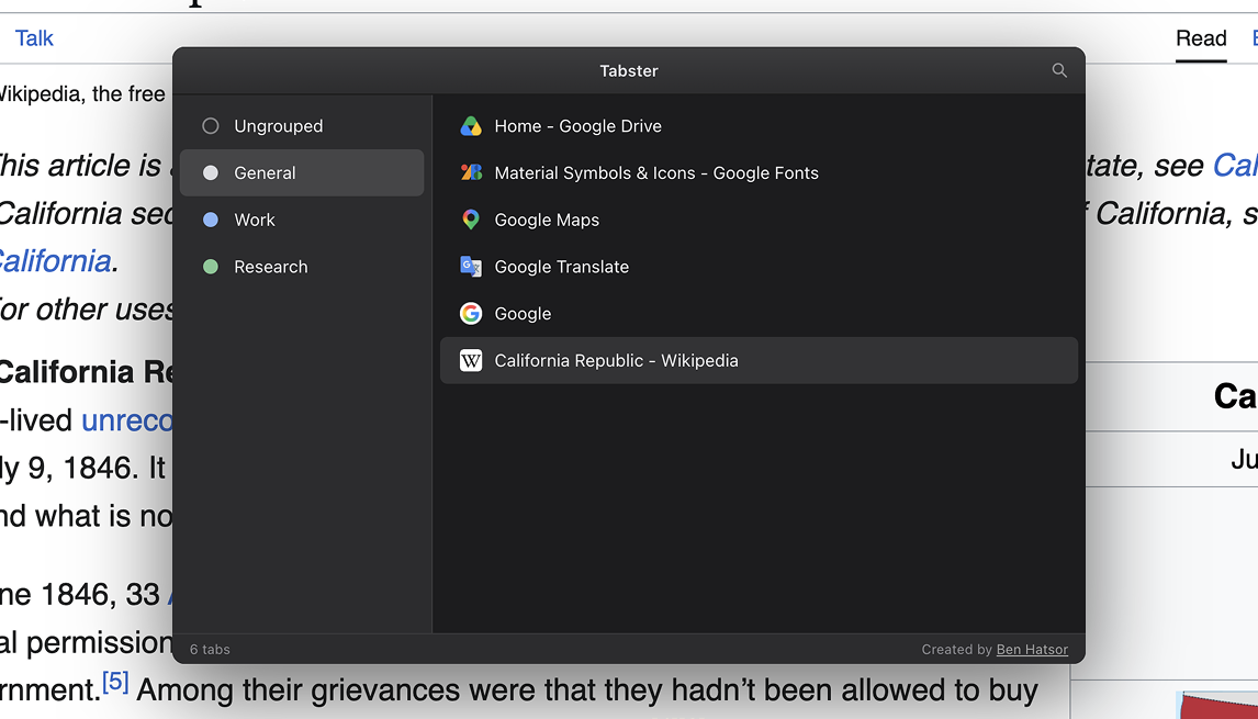 The overlay showing groups in a sidebar and tabs in a list
