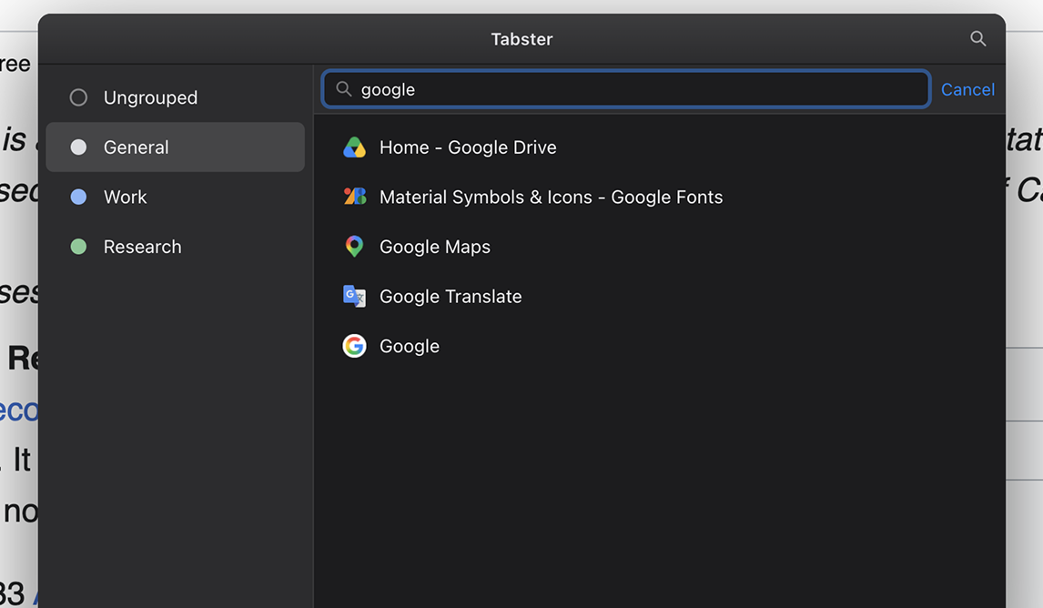 Searching tabs with a live-filtered list