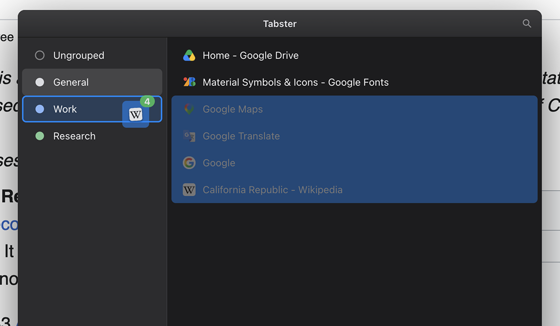 Dragging several selected tabs onto another group